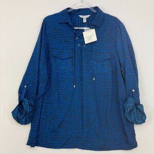 New Croft & Barrow 1X Black Blue Geometric Lace Detail Rolled Tab Popover Blouse